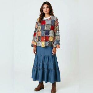 Upcycled Patchwork Quilted Rag Jacket Frayed Edges Open Front Handcrafted